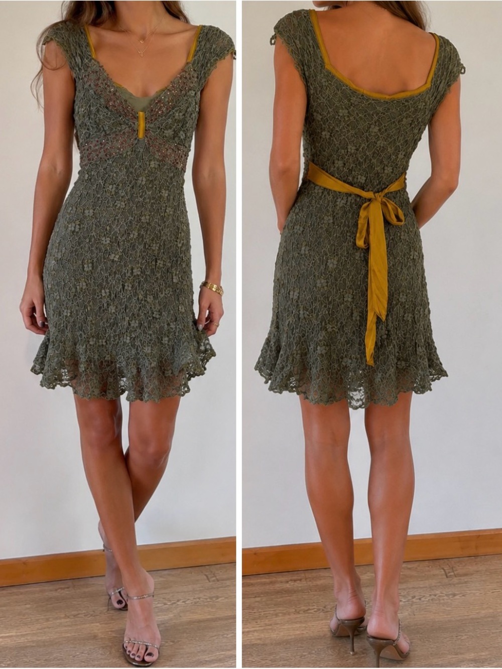 ANN FERRIDAY  90s Y2K Lace Sequin Green Enchanted Fairy Ethereal Mini Dress